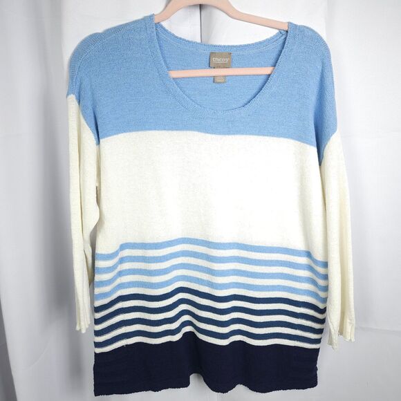 Chicos 1 Womens 8 Blue White Shady Stripes Sweater Drop Shoulder 3/4 Sleeve - Picture 1 of 6